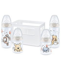 NUK Disney Winnie The Pooh First Choice + Baby Bottle Starter Set 4 biberones anticólicos (2 de 150 ml y 2 de 300 ml) con control de temperatura, caja de tetina de silicona BPA