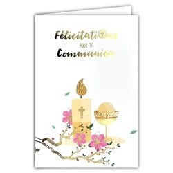 AFIE 68-6002 - Tarjeta de felicitación para tu comunión en oro dorado brillante con sobres de 12 x 17,5 cm para niña cristiana católica vela de pan ostia taza cáliz cibete flores fabricación francesa