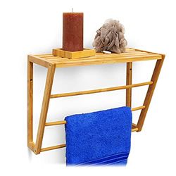 Relaxdays Bamboo Towel Holder With Shelf Storage 30 x 42 x 20 cm Wall Mounted Bathroom Towel Holder with 3 Rails Small Bathroom Shelf Bamboo Shelf with Towel Rail, Natural