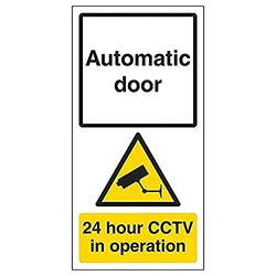 V Safety Automatic Door - 24hr CCTV In Operation - 150mm x 300mm - Self Adhesive Vinyl