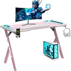 NK Mesa Escritorio Gaming con LED (120x60cm) - Portavasos y Botellas, Soporte Auriculares/Cascos, Gestión de Cables, Gaming Desk, Tabla 1.5cm (Resistencia) Peso Máximo 100kg (Rosa)