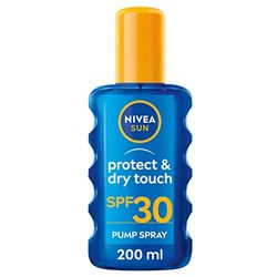 Nivea SUN Spray Solare Protect & Dry Touch FP30 in flacone spray da 200 ml, crema solare ad Assorbimento Rapido, Crema solare 100% trasparente e ad assorbimento rapido