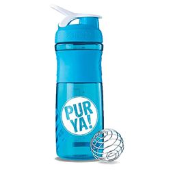 PURYA! SHAKER, Bouteille de fitness pour shakes protéinés et boissons sportives, mélange optimal grâce à la Blender-Ball, sans BPA et incassable, Aqua, 828 mL