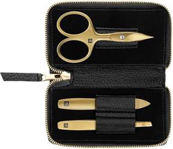 Zwilling Manicure Set (3 Pieces, Black Genuine Leather Case, Care for Hands and Feet, Travel Set, with Nail Scissors), Premium, Gold Edition