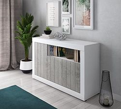 Dmora Buffet moderne avec 3 portes, Buffet de cuisine, Buffet avec étagères et étagères, Meuble TV de salon, 138x42xh86 cm, Couleur Blanc et Ciment