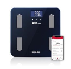 TERRAILLON - FIT COACH - Balance connectée WiFi, Impédancemètre, Analyse des masses graisseuse, musculaire, hydrique, osseuse et viscérale, IMC, Ecran LCD, Capacité 180 kg, Plateau verre, Noir