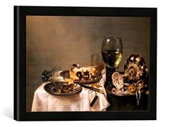 Ingelijst beeld van Willem Claesz. Heda "Een ontbijttafel met een braampast", kunstdruk in hoogwaardige handgemaakte fotolijst, 40x30 cm, mat zwart