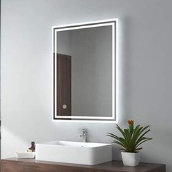 EMKE Specchio da bagno a LED, 80 x 60 cm, illuminazione touch + antiappannamento, 3 colori di luce, IP44, a risparmio energetico