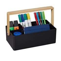 Relaxdays Organizer con Manico in bambù, 4 Scomparti, Contenitore Portaoggetti Multiuso, HxLxP: 8,5 x 26 x 16 cm, Nero, Fibra vegetale