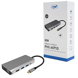 PNI multipoort-adapter MP10 USB-C naar HDMI, VGA, 3 x USB 3.0, SD/TF, RJ45, Audio 3.5, USB-C PD, 10 uitgangen