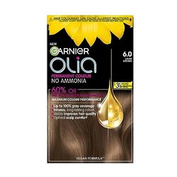 Garnier Olia Permanent Hair Dye, No Ammonia, Full Grey Coverage, Long-lasting Colour & Shine, Vegan Formula, Colour: 6.0 Light Brown, 230g