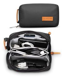 Tripped Travel Gear Tech Bag Organizer - Liten elektronik organiseringsväska för resor - premium resväska med läderaccenter - nätficka för kablar, sladdar och laddare, Svart, S, Minimalist