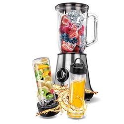 MPM MBL-15M blender, 1 liter, smoothiemixer, 2 flessen Smothie To Go 0,6 liter, BPA-vrij, 2 snelheden + pulsfunctie, ijsversnippering, roestvrijstalen messen, 450 W