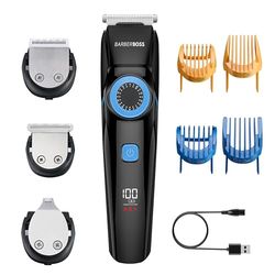 BarberBoss All-in-one Grooming Kit for Men – Beard, Hair & Detail Trimmer, 3 Interchangeable Blades, Adjustable Length Dial, LED Screen, USB Charging, Waterproof, Men's Hair Clipper