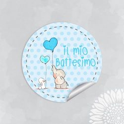 30 pezzi adesivi tondi stampati, 40mm, etichette battesimo, nascita bambino, grazie, tondo, elefante bimbo (ELE-03-A-B)