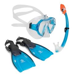 AQUASTIC Juego de esnórquel para niños Shelly 3 en 1, 27/32, máscara de esnórquel y Aletas, Color Azul Claro, máscara Ajustable, Boquilla hipoalergénica para mar y Vacaciones, Comodidad Impermeable