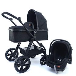 Pixini 3-in-1 kinderwagen (Arizona combi-kinderwagen 3-in-1 set incl. babybadje & buggy & autozitje - aluminium frame - regenbescherming/bekerhouder in zwart)