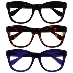 OPULIZE BIG Blue Light Blocking Reading Glasses - Bold Round Fashion Frame - Anti-Glare Anti-Reflective Computer Gaming - 3 Pack - UV & Eyestrain Protection - Black Brown Indigo - Mens Womens +1.00