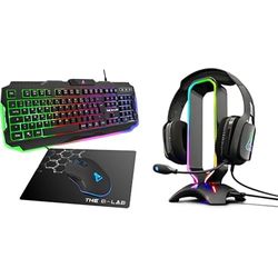 THE G-LAB Combo Helium - Ensemble Gaming 4 en 1 - Clavier Gamer AZERTY Rétroéclairé, Souris Gamer 3200 DPI, Écouteurs Intra-Auriculaires & K-Stand Radon Support pour Casque/Micro-Casque Gaming