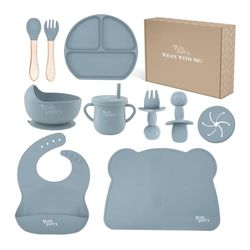 Yum Yum's Baby 10 Pcs Blue Weaning Set - Complete Toddler Feeding Kit w/Sectioned Plate, Suction Bowls, Cutlery with Mouth Guard, Straw Cup, Bib & Mat - Non-Slip - for Toddlers & Baby Gift