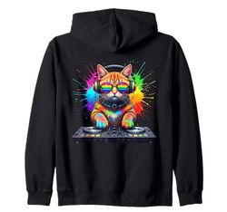 Rainbow DJ Cat con occhiali da sole cuffie EDM musica divertente Felpa con Cappuccio