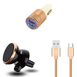 Auto-pack voor Samsung Galaxy Note 10 (oplaadkabel, metaal, type C + dubbele adapter voor sigarettenaansteker + magneethouder) goudkleurig