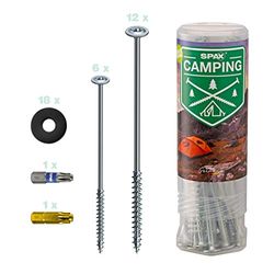 SPAX 4000009100019 Tentschroeven, complete camping-set, universele schroefharingen, 18 stuks in twee lengtes met 2 bits en 18 kunststof sluitringen voor tentbevestiging, outdoor