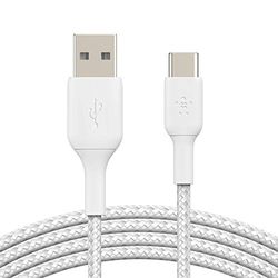 Belkin BoostCharge gevlochten USB-C-kabel, USB-C/USB-A kabel, USB Type-C-kabel, oplader kabel voor iPhone 15, Plus, Pro, Pro Max, Samsung Galaxy S24, Pixel, iPad, Nintendo Switch, meer, 3 m, wit