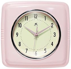 Infinity Instruments Horloge Murale carrée silencieuse rétro 22,9 cm pour Cuisine, Salle à Manger, Mouvement à Quartz (Rose)