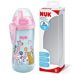 NUK First Choice Kiddy Cup 10255669 oefenbeker 12 maanden, lekvrij, beetbestendig, met clip en beschermdeksel, 300 ml, BPA-vrij, giraf (roze)