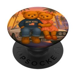 New York Teddy Bear, New York City Friends with Classic Car PopSockets PopGrip Adhesivo