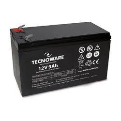 Bateria de chumbo - ácido Tecnoware 12 V - para SAI, videovigilância e sistemas de alarme, conexão Faston 6,3 mm, dimensões 15,1 x 9,4 x 6,5 cm, capacidade de 9 Ah, branco