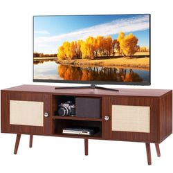 VEVOR Rattan TV Stand, Boho TV Cabinet for 55 inch TV, Mid Century Modern TV Stand, Rattan TV Console with Adjustable Shelfs for Living Room, Media Room, Walnut