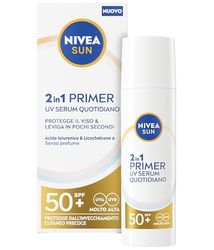 NIVEA SUN 2in1 Primer UV Serum Quotidiano SPF50+ 30 ml, Siero SPF 50+ viso per una pelle protetta e levigata, Protezione solare viso dal finish invisibile ideale come base per il make up