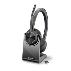 Poly Voyager 4320 UC draadloze headset en oplaadstation, binaurale headset met ruisonderdrukkende microfoonstang, verbinding met pc/mobiele telefoon via Bluetooth, functie: Teams, Zoom