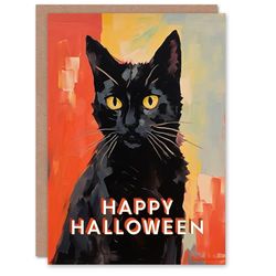 Artery8 Halloween Greeting Card Black Cat Lover Painting For Him Her