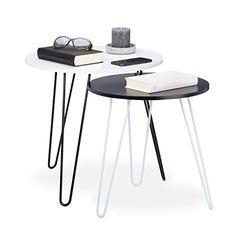 Relaxdays satsbord i set om 2, runda hallbord, sidobord med 3 metallben, 40 och 48 cm i diameter, vitt/svart