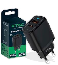 V-TAC Cargador USB-C Carga Rapida 20W para iPhone y Samsung - Ultra Rápido para Smartphones y Dispositivos - 2 Puertos USB Tipo C y USB A para iPhone 12/13/14/15 Pro/MAX y y Galaxy S21/ S22/S23