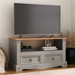 Corona Grey TV Stand Flat Screen 2 Drawer Television Cabinet Solid Pine Wood Unit