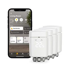 Eve Thermo (Apple Home), HomeKit set di 4, valvola termosifone intelligente con display a LED, controllo automatico della temperatura, senza gateway, controlli touch integrati, Bluetooth/Thread