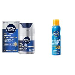 Pack NIVEA MEN Hyaluron Crema Hidratante Antiedad FP15 (1 x 50 ml) + NIVEA SUN Protege & Refresca Spray Bruma Solar FP50 (1 x 200 ml)