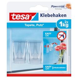 tesa Gancho adesivo para superfícies transparentes e vidro 1 kg, ganchos suspensos invisíveis, suporta até 1 kg por gancho, embalagem com 2 peças, inclui 4 tiras adesivas