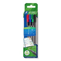 Staedtler Triangular fineliner triplus, made of recycled plastic, super fine, metal-clad 0.3 mm tip, long life, 4 fineliners in assorted colours in cardboard case, 334 RC4
