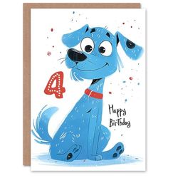Artery8 Birthday Card Blue Dog Lover Puppy Cartoon Cute 4th 4 Year Old For Child Kids Son Daughter Greeting Card