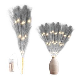 45cm Prelit Grey Pampas Grass Stem, Warm White LEDs Battery-Operated Christmas Artificial Flowers for Boho Wedding Bedroom Living Room Decorations