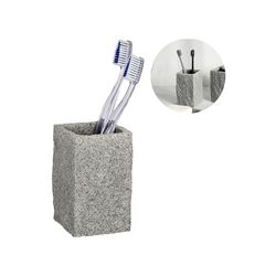 Avilia Bicchiere Portaspazzolini - Contenitore Porta Spazzolini Rettangolare, in Poliresina Effetto Granito, 6.5x10.6x6.5cm, Grigio