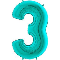 Ballonim Palloncino con numeri 0-9, 100 cm, Tiffany, blu, turchese, menta, con numeri a elio, XXL (numero 3)
