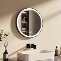 EMKE Miroir de Salle de Bain Rond 50 cm, Miroir Rond avec Interrupteur Tactile et Fonction Anti-buée, 3 Couleurs de lumière, Miroir Rond Salle de Bain Cadre Noir et bandoulière réglable
