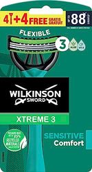 Wilkinson Sword Xtreme 3 Sensitive - Maquinillas de Afeitar Desechables con 3 Hojas Flexibles y Banda Lubricante de Aloe Vera y Vitamina E, Pack Promocional 4 + 4 Unidades