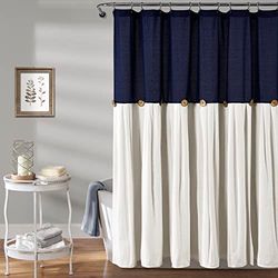 Lush Decor Cortina de Ducha Plisada de Lino con Botones para Granja, diseño de Dos Tonos para baño, 72 x 72 Pulgadas, Azul Marino y Blanco Roto